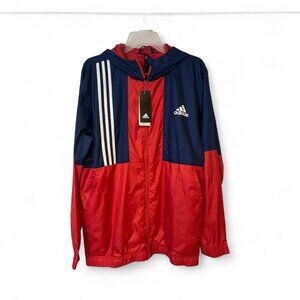 Adidas Axis Windbreaker Jacket Mens Med Blue Red Colorblock Full Zip Hooded Wind